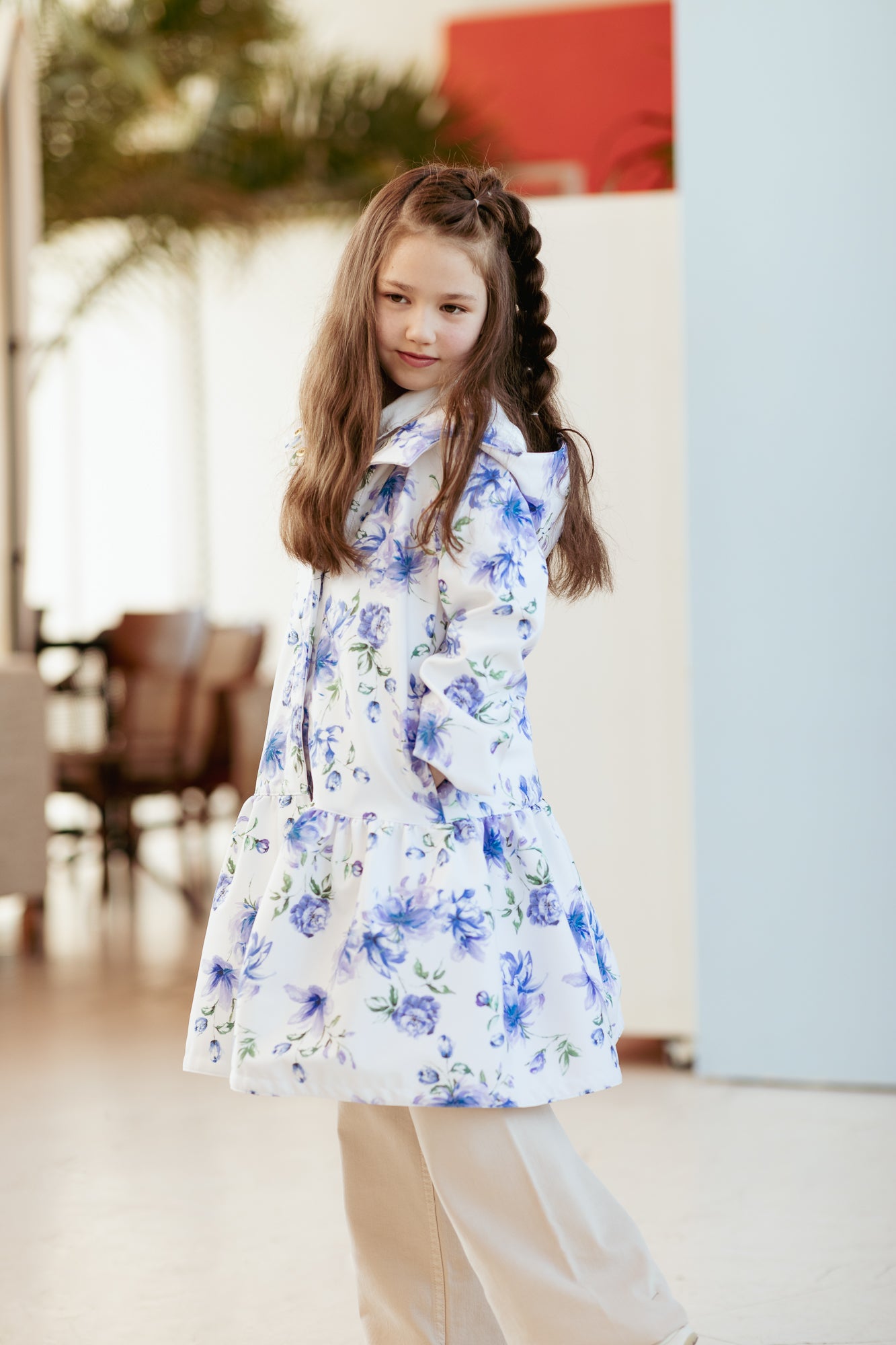 White Trapeze Coat for Girls with Blue Flower Print | 'Floral Dream'