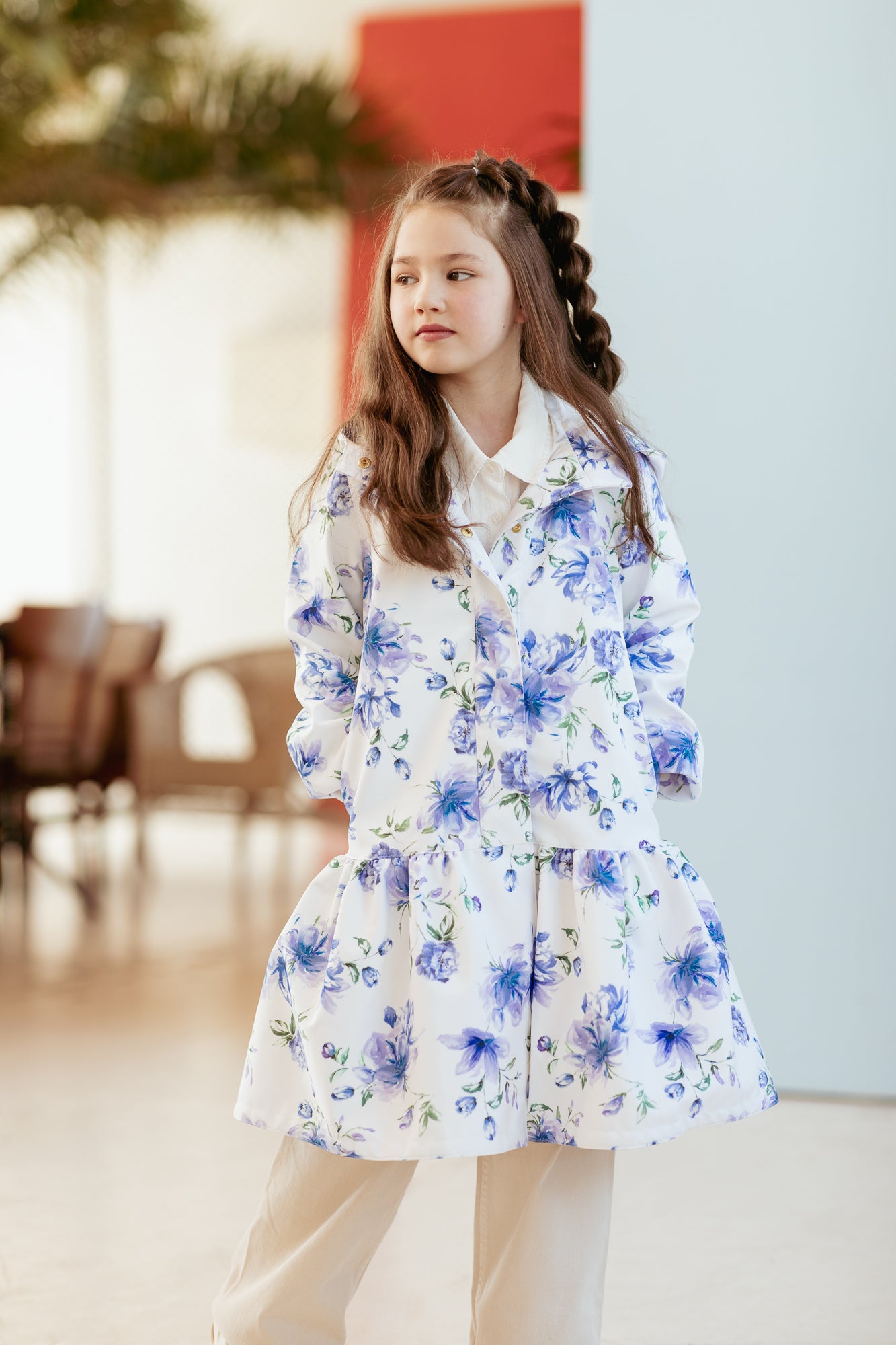 White Trapeze Coat for Girls with Blue Flower Print | Floral Dream