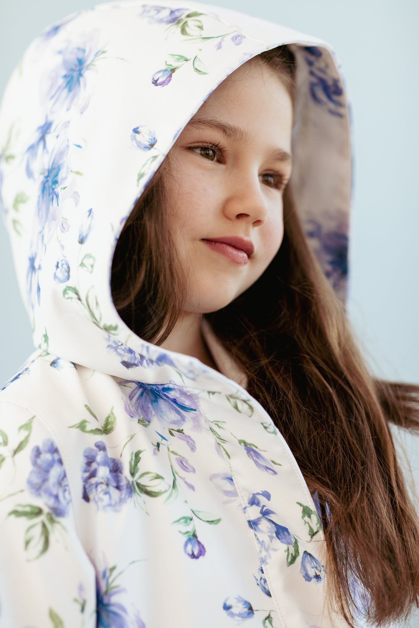 White Trapeze Coat for Girls with Blue Flower Print | Floral Dream