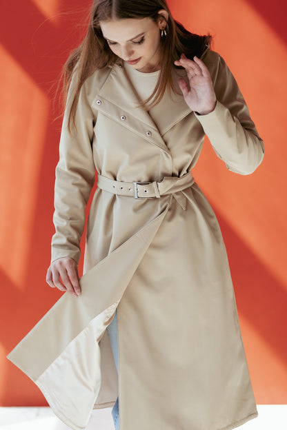 Double Breasted Classic Trench with inner beige satin lining