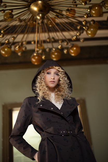 Hooded dark brown coat with black print