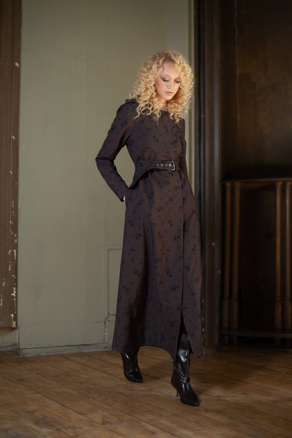 Belted A-line coat with floral print on dark brown