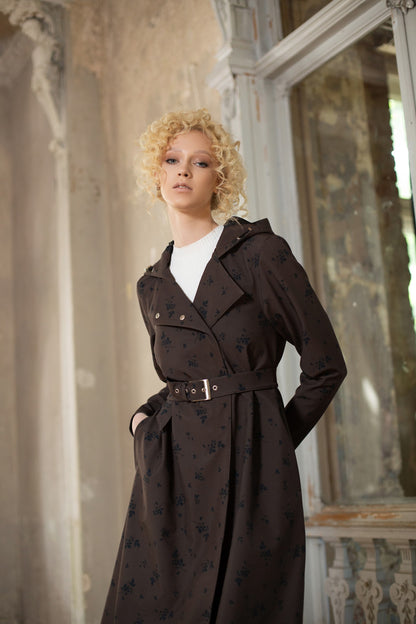 Dark Brown Belted brown waterproof Coat in  a-line cut