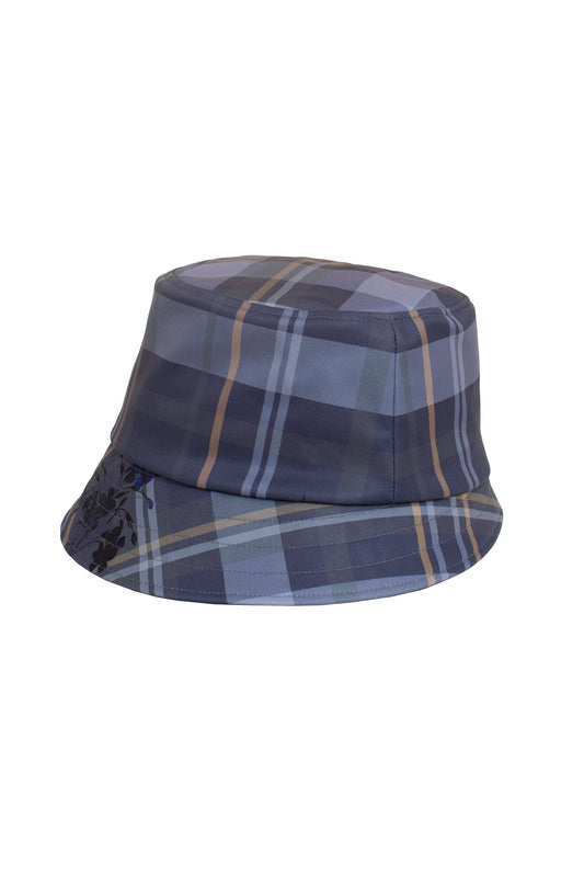 Waterproof blue plaid bucket hat with delicate floral details and breathable cotton lining.