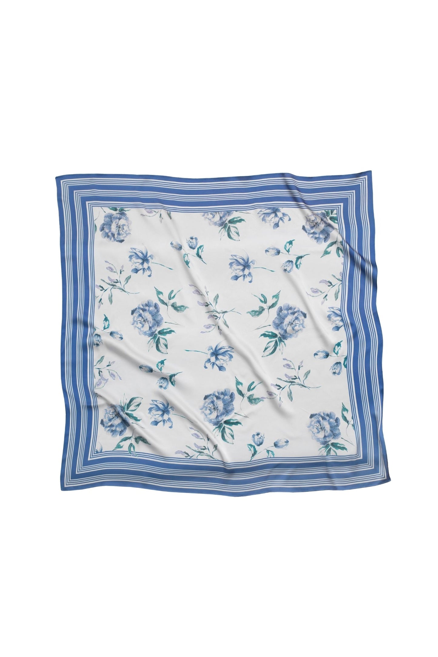 Floral patterned scarf with blue border on a white background.