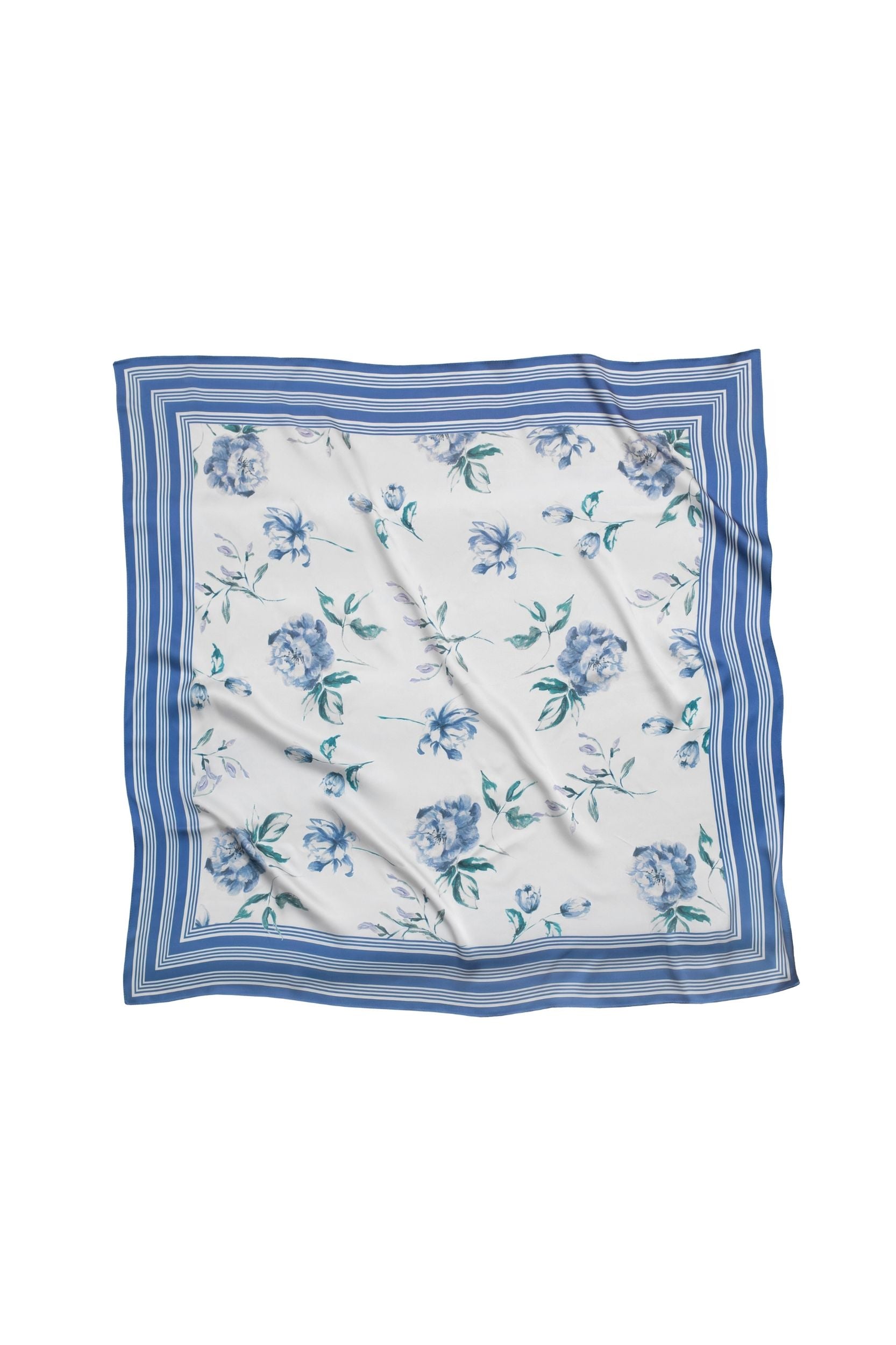 Floral patterned scarf with blue border on a white background.