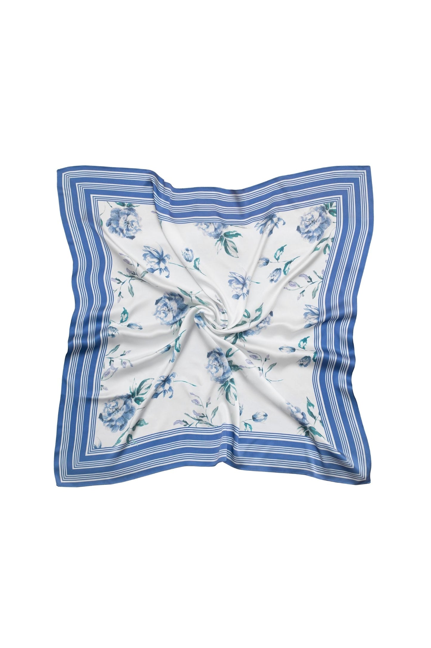 Floral patterned scarf with blue border on a white background.