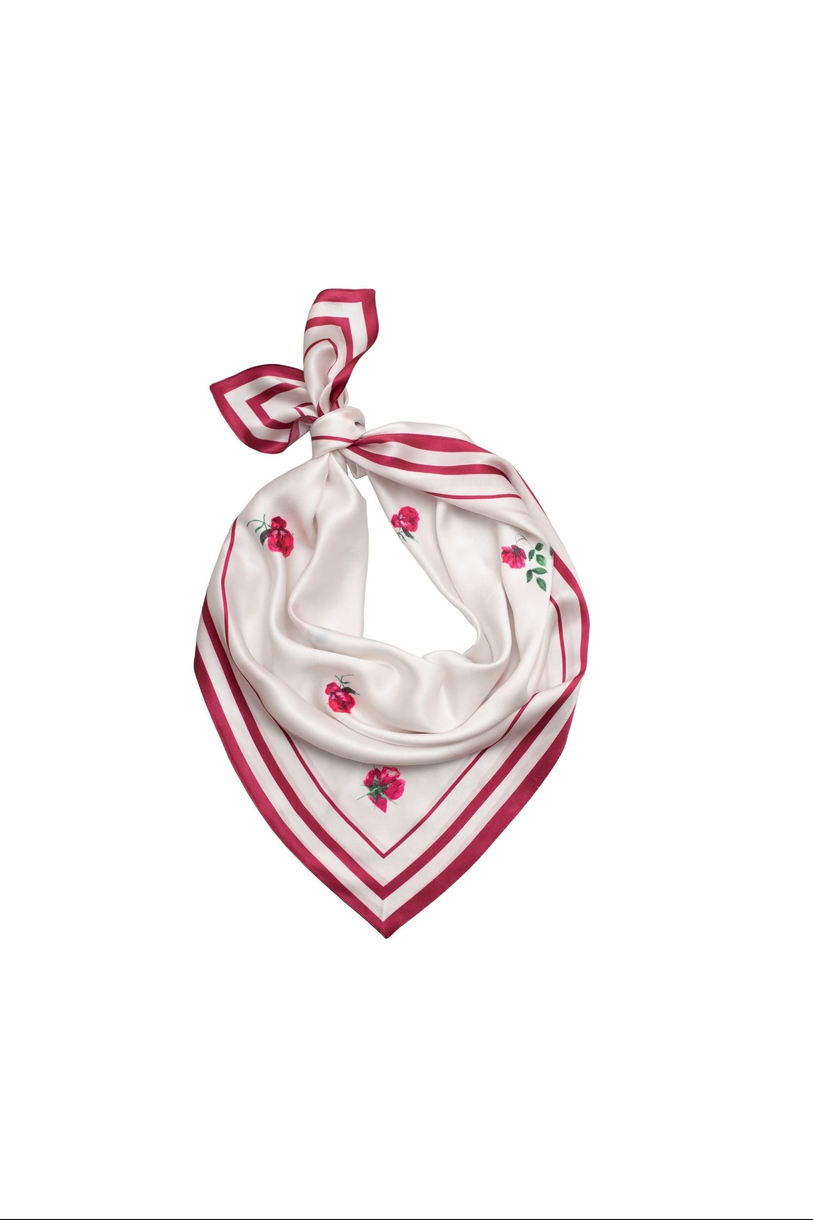 White scarf with red stripes and floral patterns on a white background
