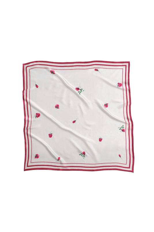 White square scarf with red border and red flowers on a white background