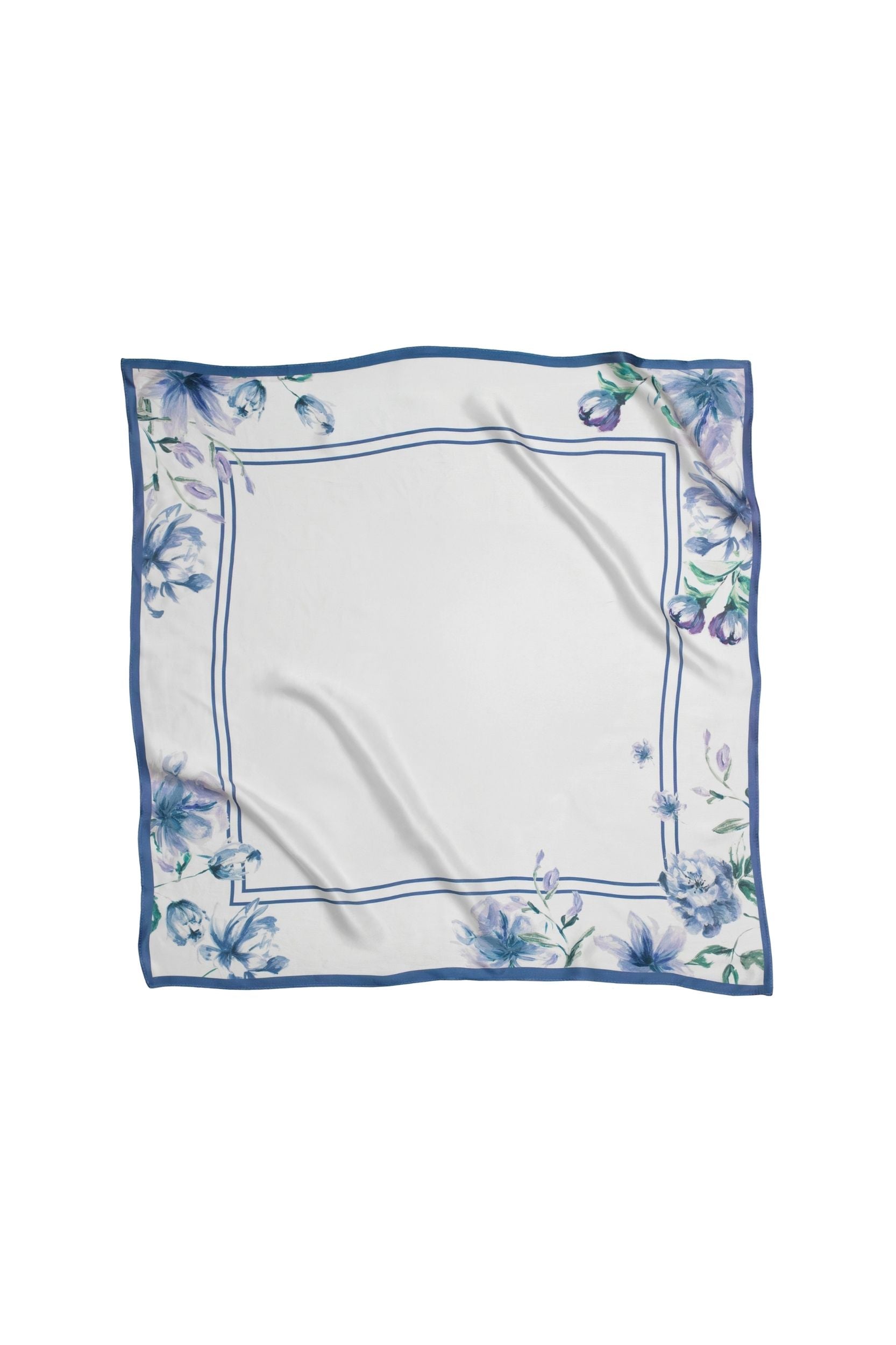 White square scarf with blue floral border on a white background