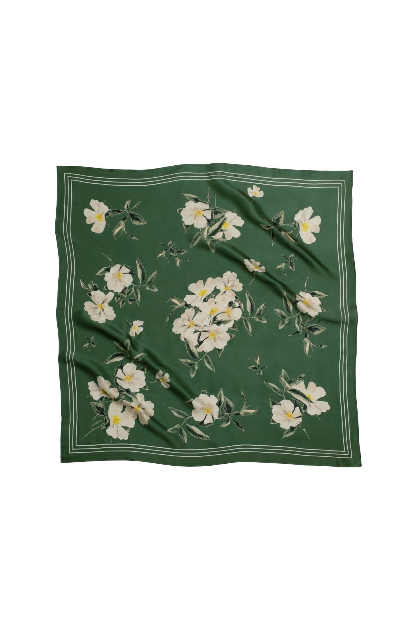 Green scarf with beige floral pattern on a white background