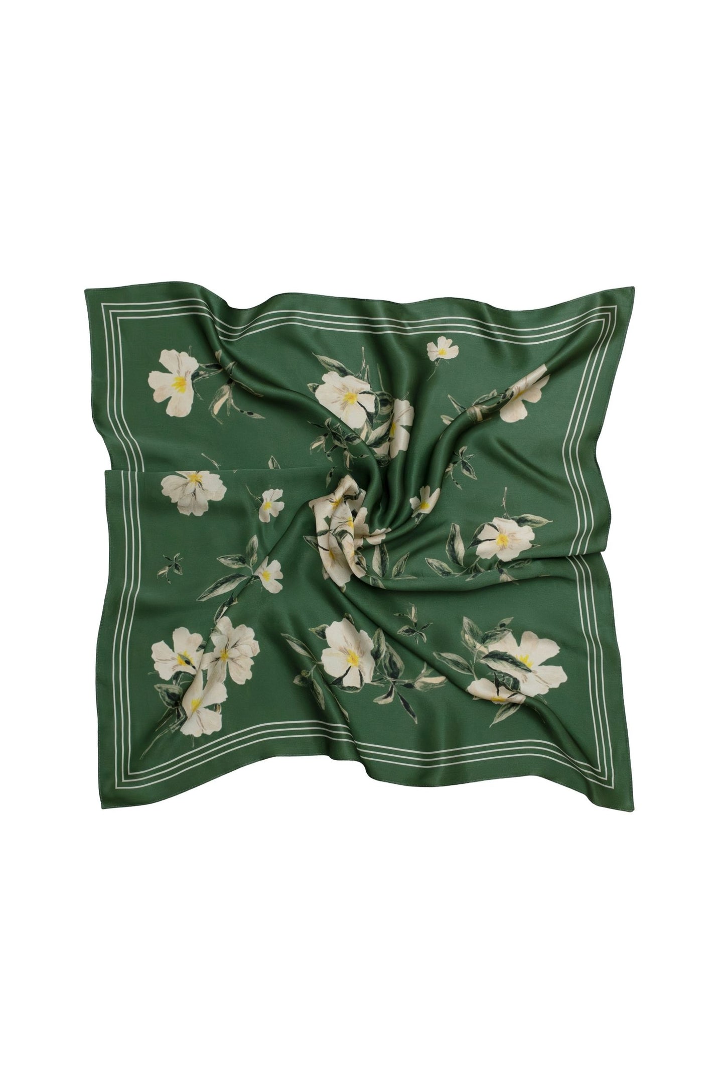 Green floral patterned square scarf on a white background