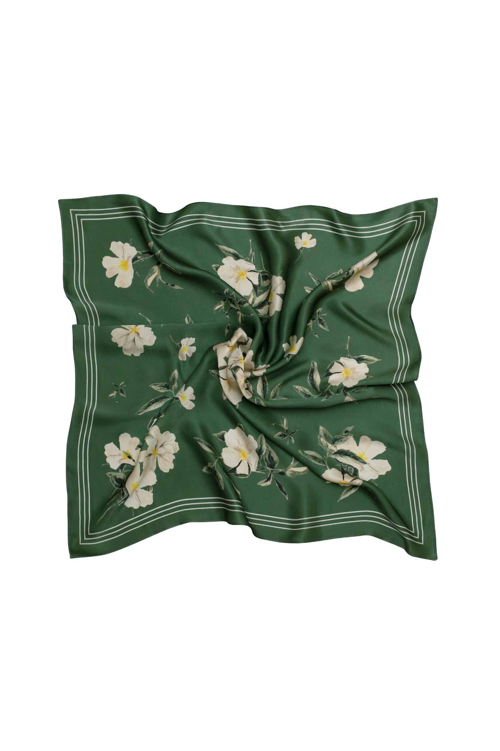 Green floral patterned square scarf on a white background