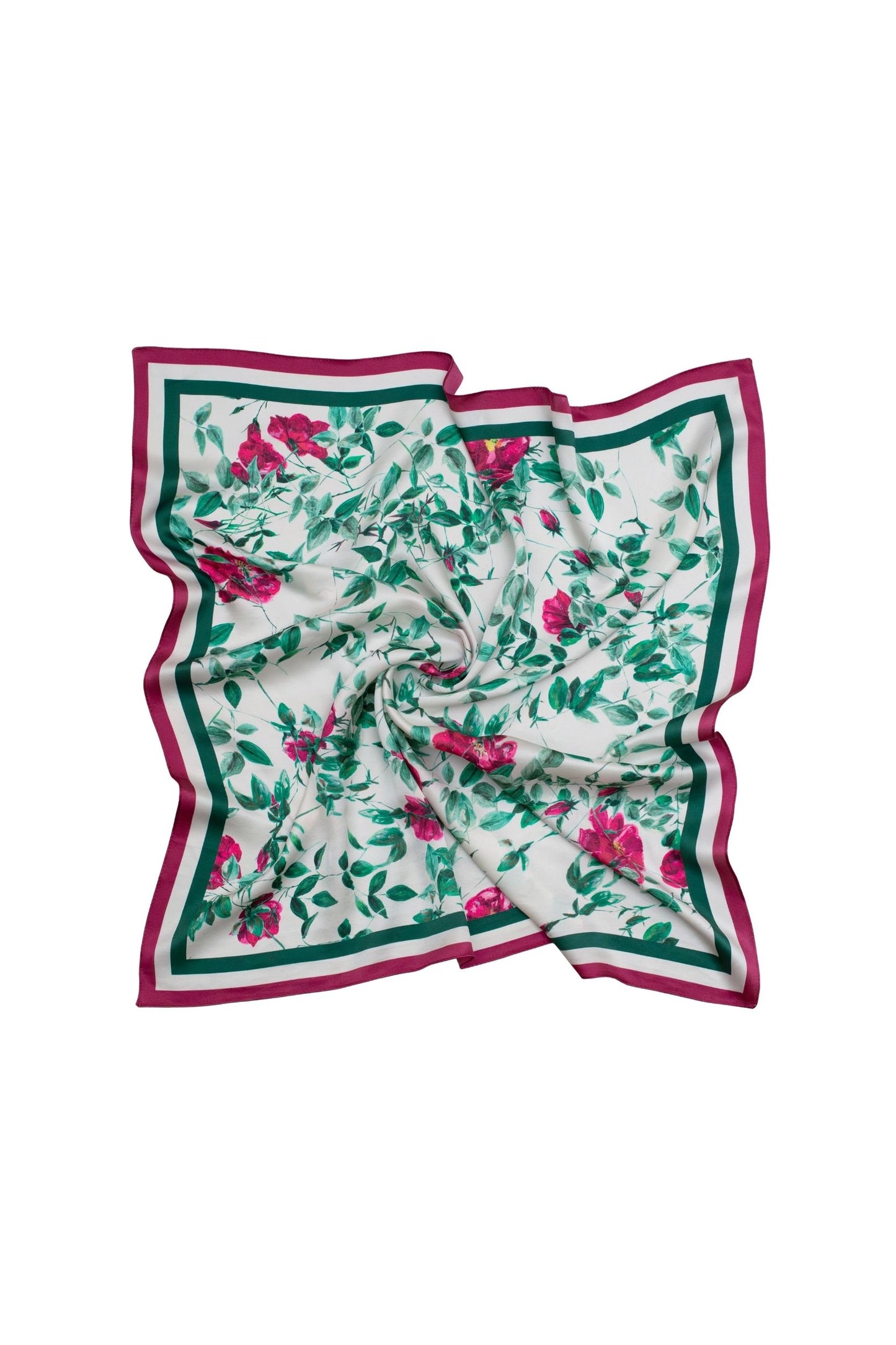 Floral patterned scarf with red and green design on a white background