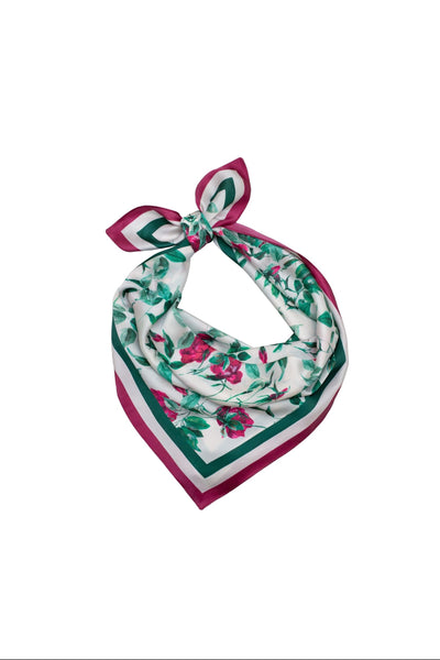 Floral patterned headscarf with red and green accents on a white background