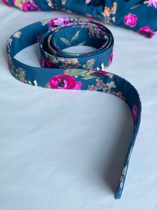 Teal denim belt with pink flowers | Misty Rose
