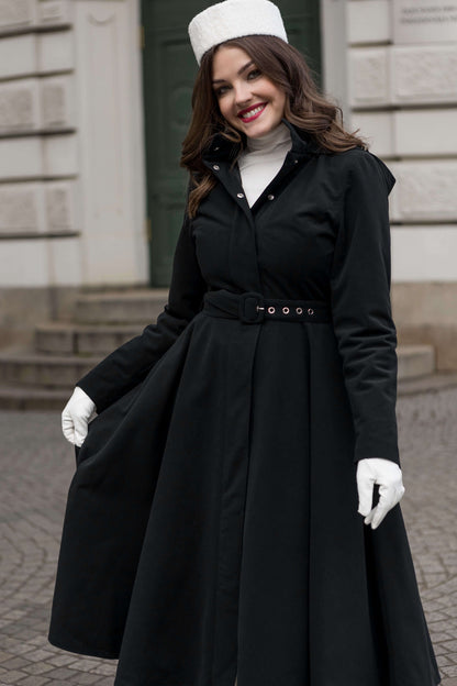 Stylish A-line winter coat for women, belted and lined with soft Italian satin for winter elegance.