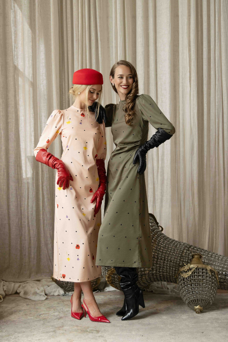 Tencel satin midi dresses with high neckline, gathered shoulder sleeves, back cutout detail, and romantic silhouette.