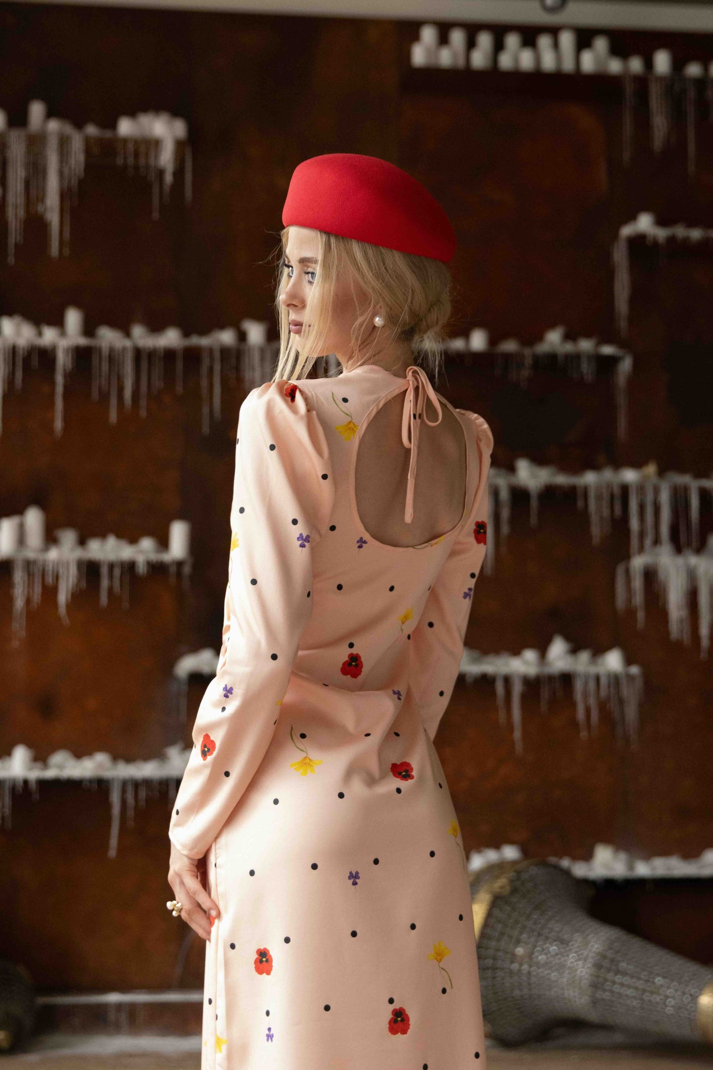 Peach Blossom dress with round cutout and ribbon tie detail, sustainable tencel satin fabric.