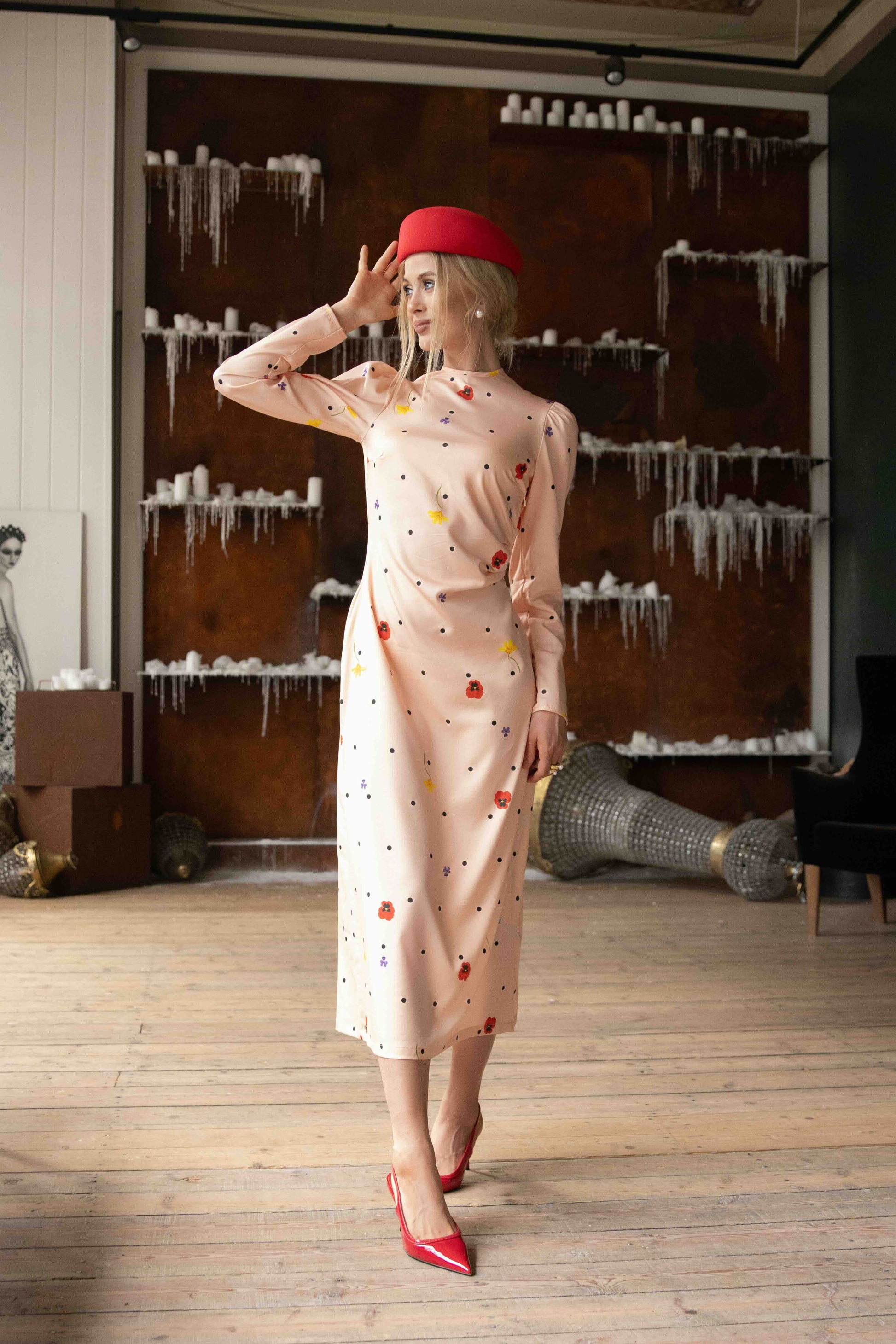 Eco-friendly pink satin midi dress with long gathered sleeves and slim fit through bodice and hips.