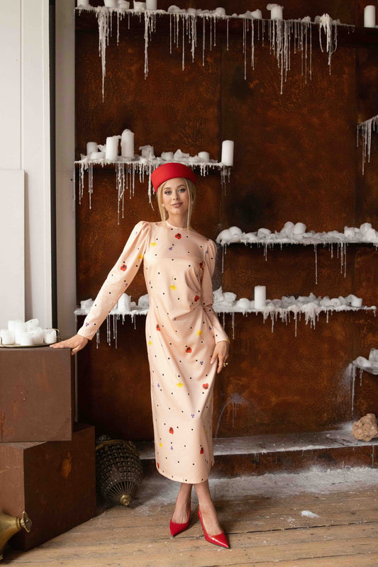 Peach Blossom midi dress in soft pink tencel satin with black polka dots and floral print, slim fit silhouette.