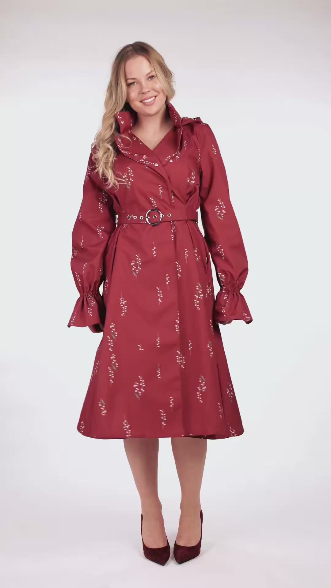 Load video: Double Breasted Women's Spring Coat with Front Pleats in Red | Crimson Lily