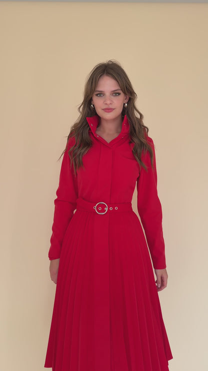 Fit and Flare Red Women's A-line Coat with Pleated Skirt | Scarlet Waltz