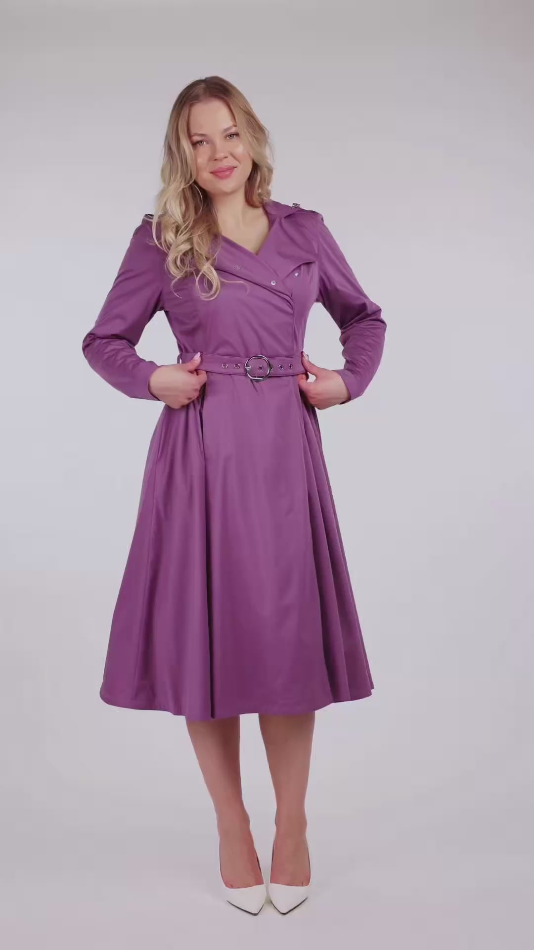 総丈101cm MOONBAT FOND ミンクロングコート 3L パープル Double Breasted Trench Coat for Spring in Purple | Lavender Dusk