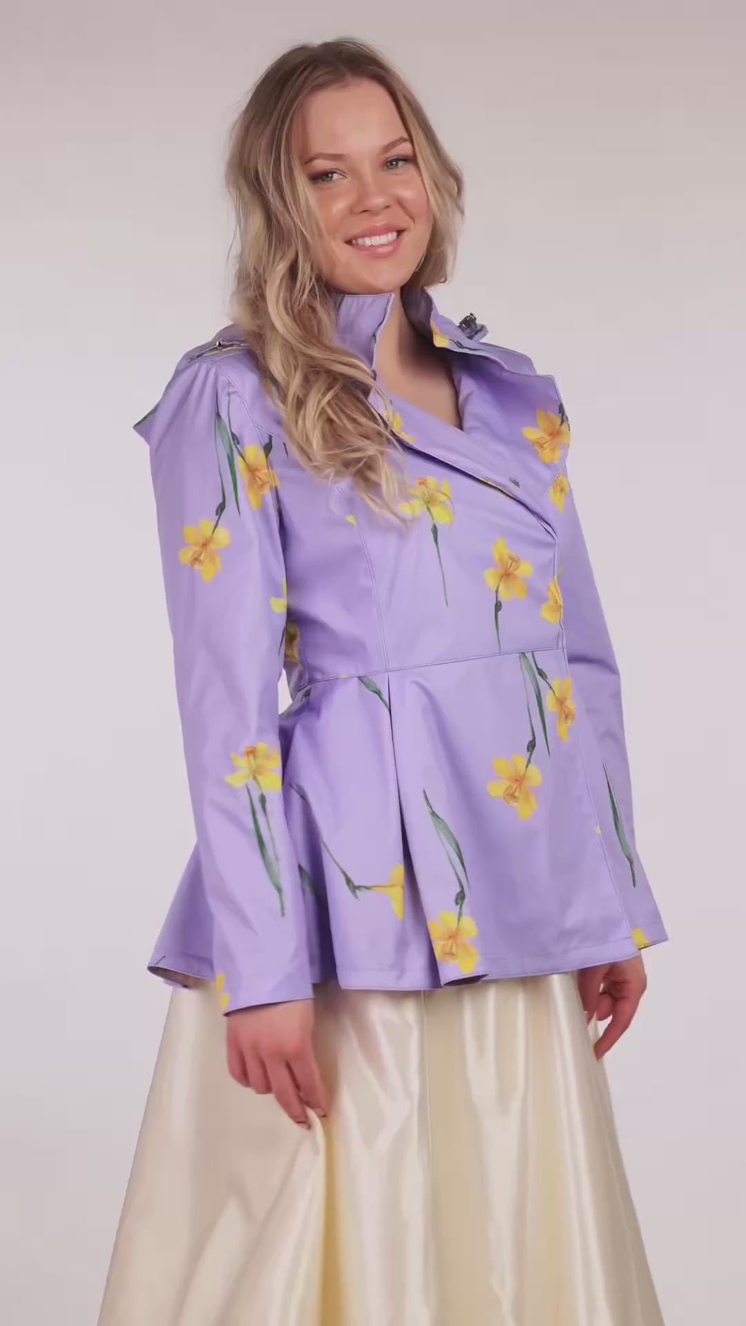 Load video: Double Breasted Jacket with Detachable Hood in Light Purple | Lilac Joy