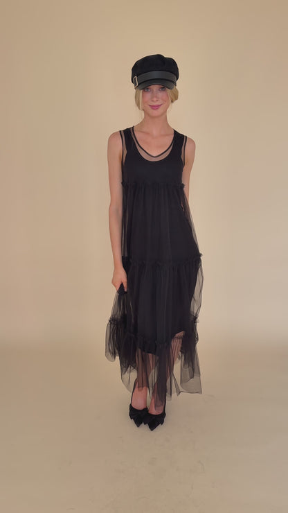 Women’s Sleeveless Black Midi-Length Tulle Dress | Sheer Romance