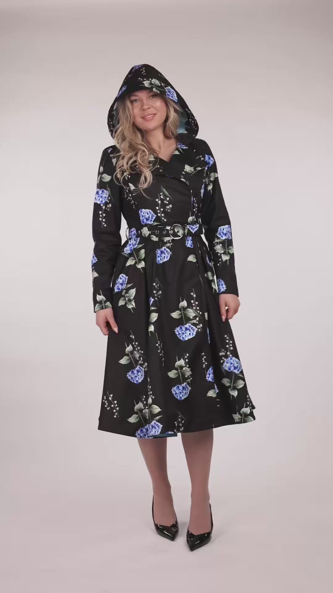 Load video: Double Breasted Trench Coat in Black with Floral Print | Flower Moon