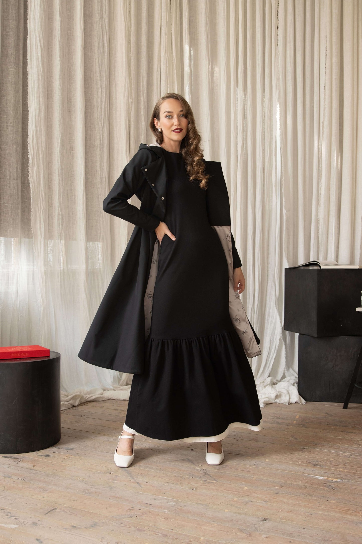 quiet elegance maxi dress together with queen of spade coat by rainsisters.