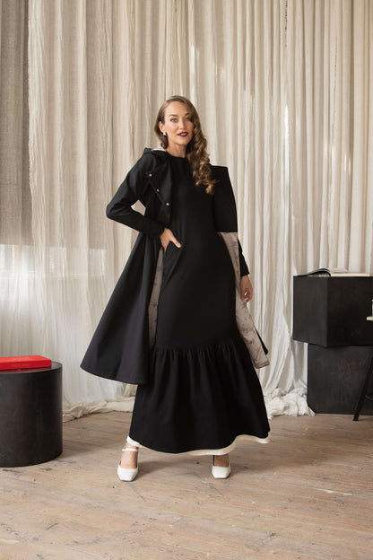 quiet elegance maxi dress together with queen of spade coat by rainsisters.