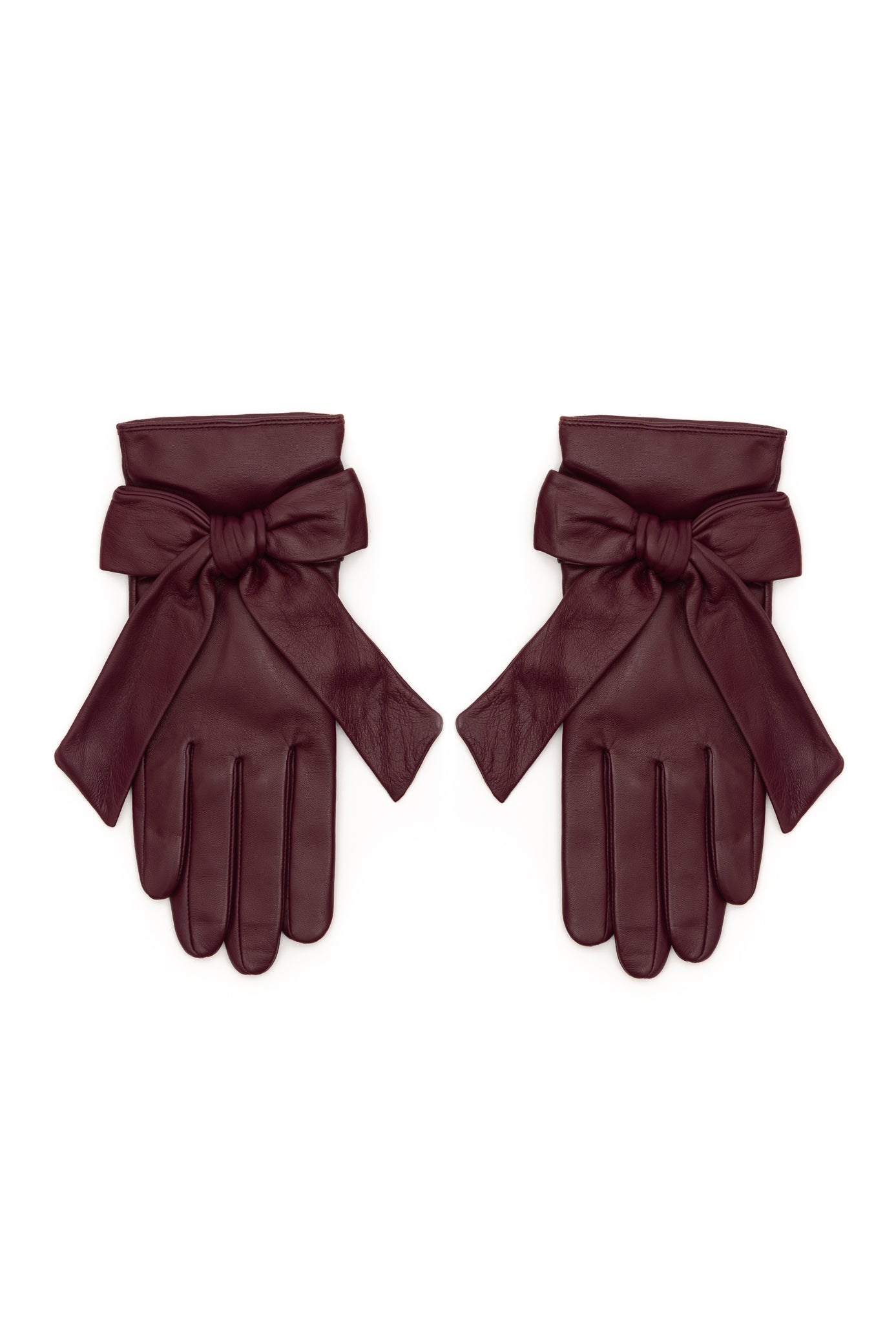 A pair of burgundy leather gloves with wide wristbands and large bow details, displayed flat against a plain white background.