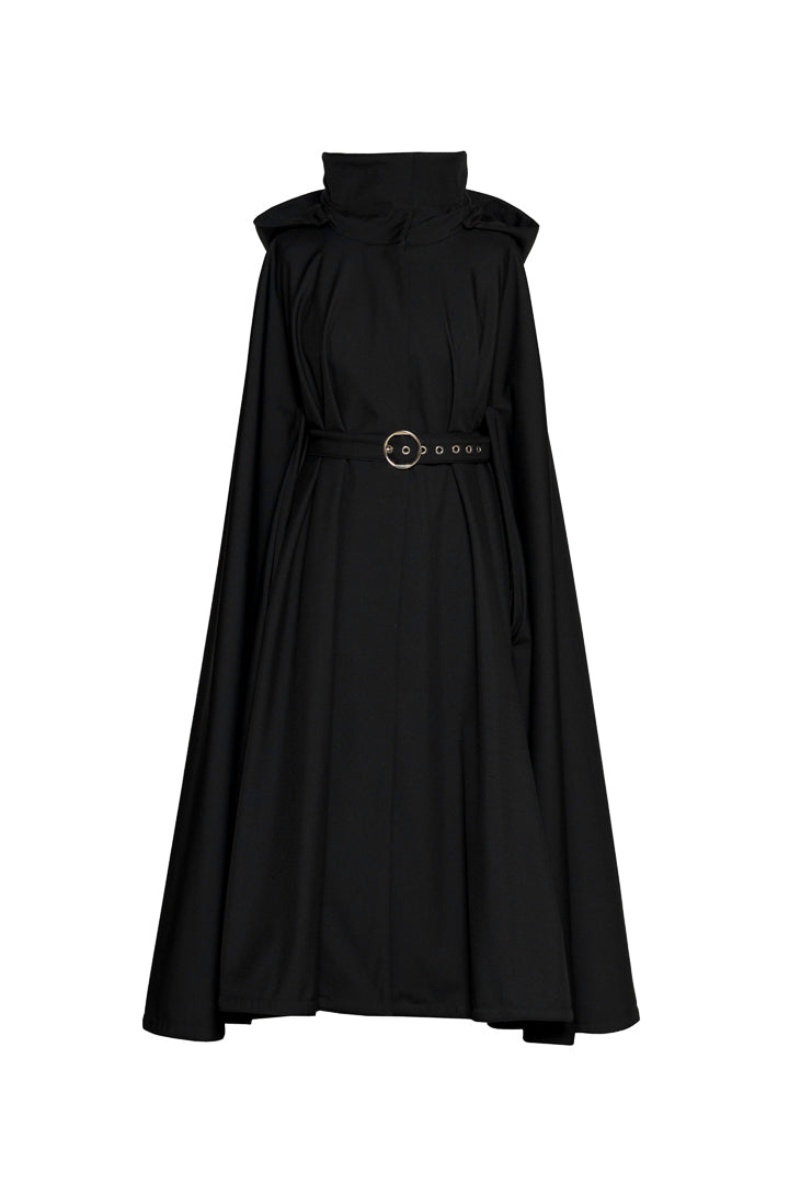 A black sleeveless high-neck cape coat by RainSisters, a matching waist belt, and a decorative round metal buckle, shown against a plain white background.