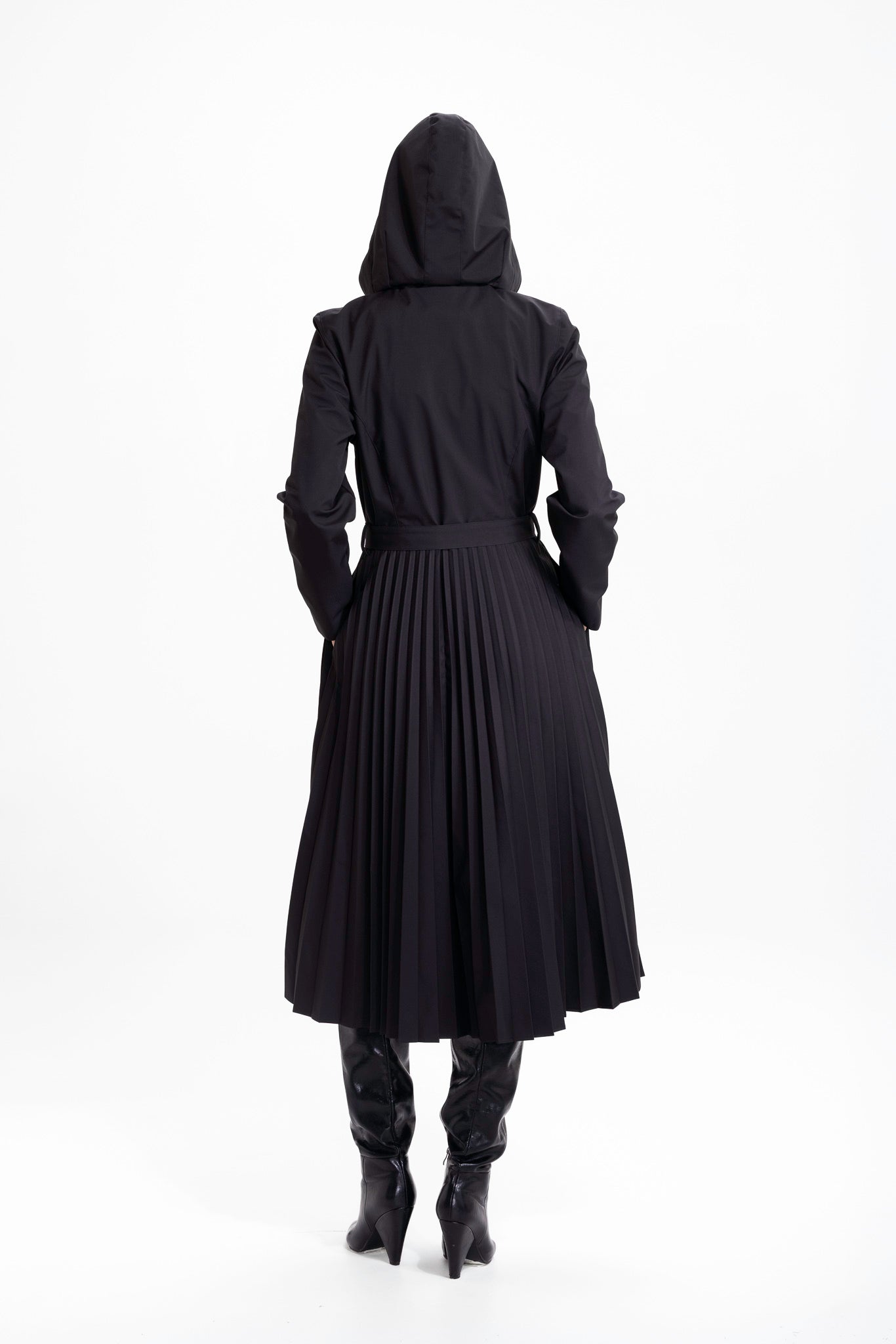 Fit and Flare Coat with A-Line Pleated Skirt for Spring in Black | Black Sway