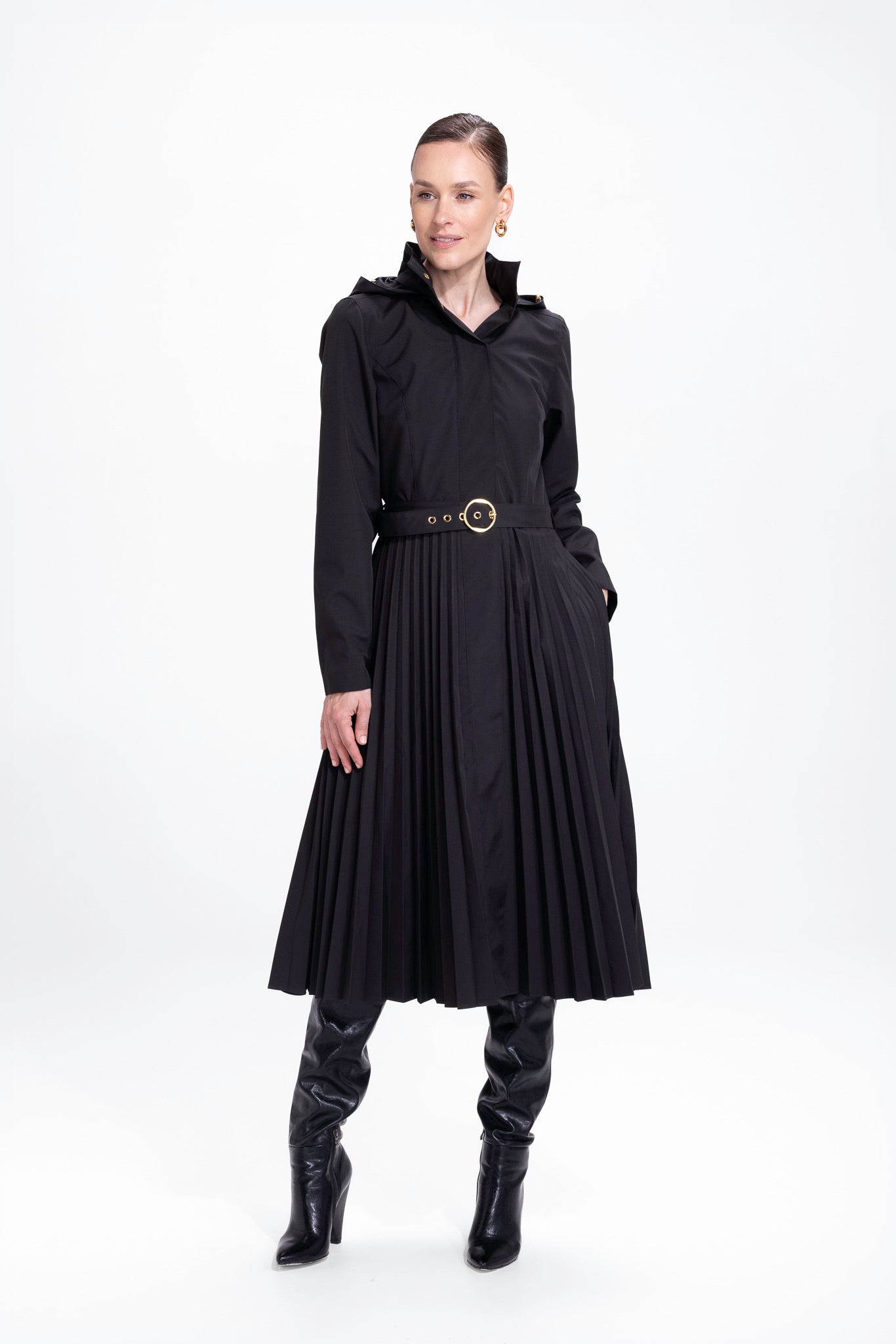 Fit and Flare Coat with A-Line Pleated Skirt for Spring in Black | Black Sway