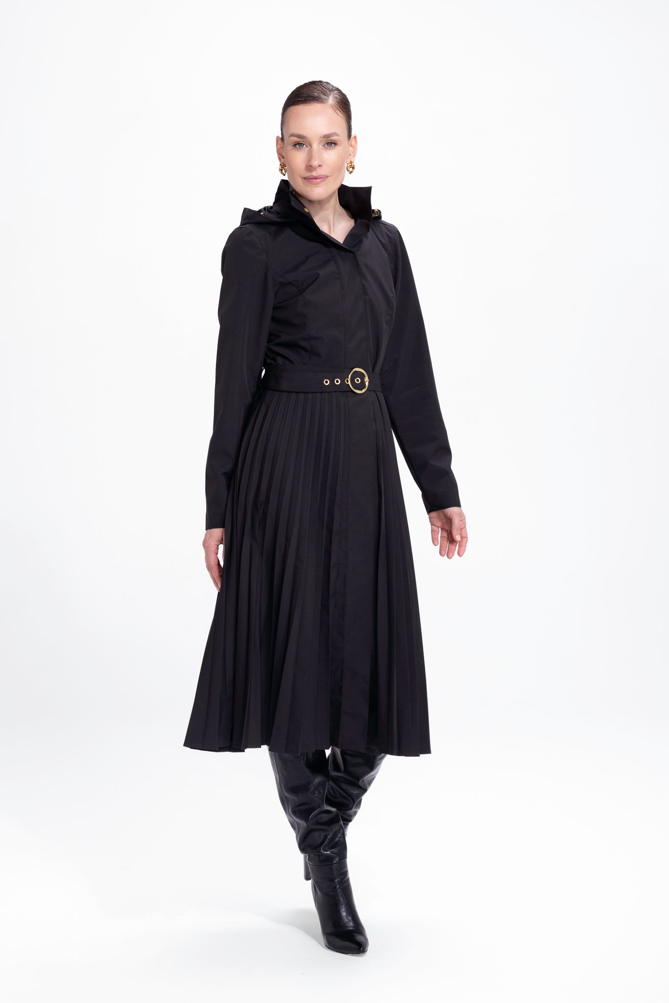 Fit and Flare Coat with A-Line Pleated Skirt for Spring in Black | Black Sway