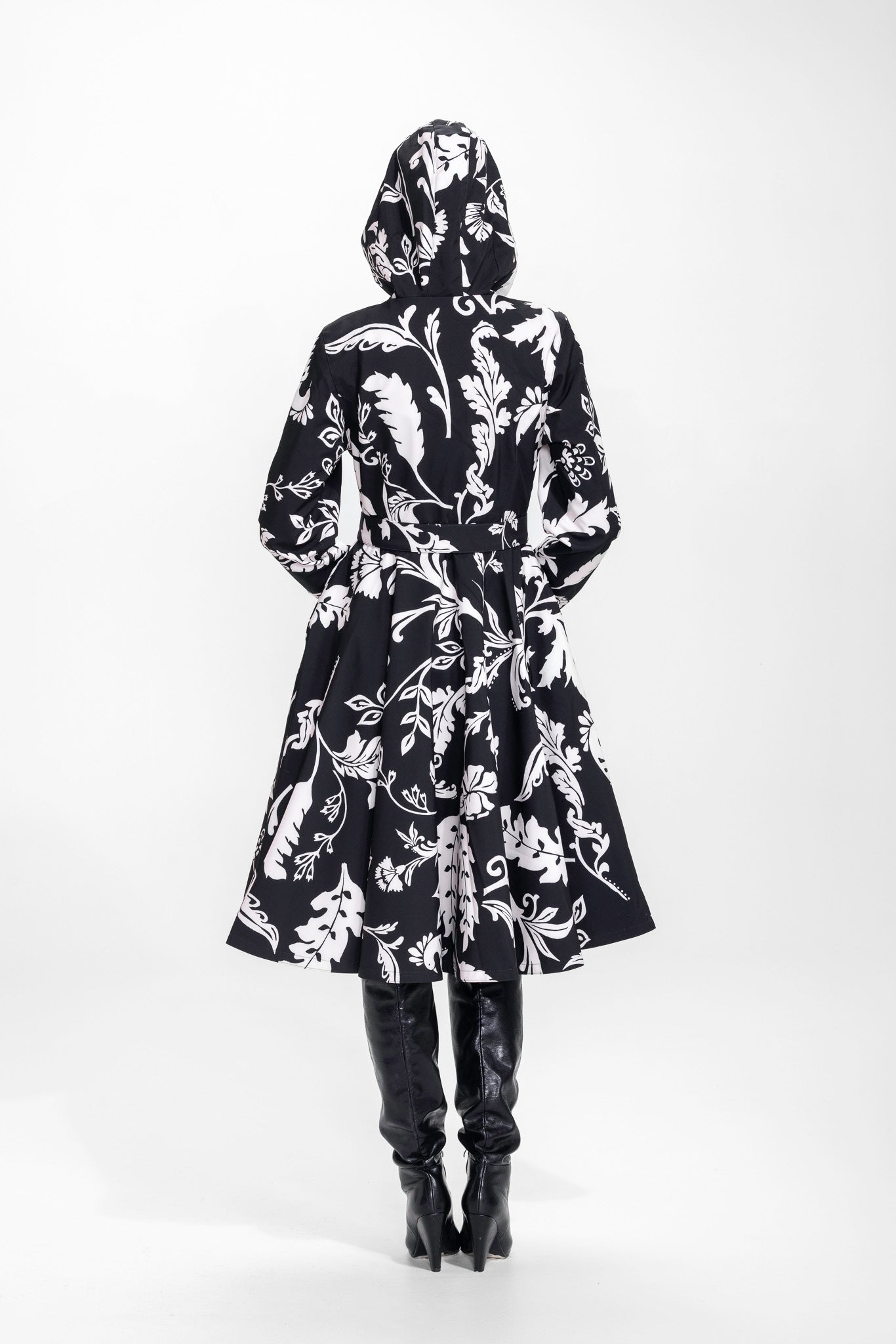 Fit and Flare Coat with Full Circle Skirt in Black and White | Blooming Night