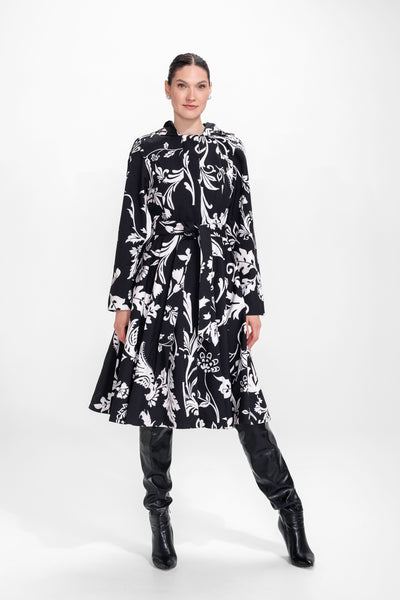 Blooming Night black and white floral coat for women with full circle skirt, front view