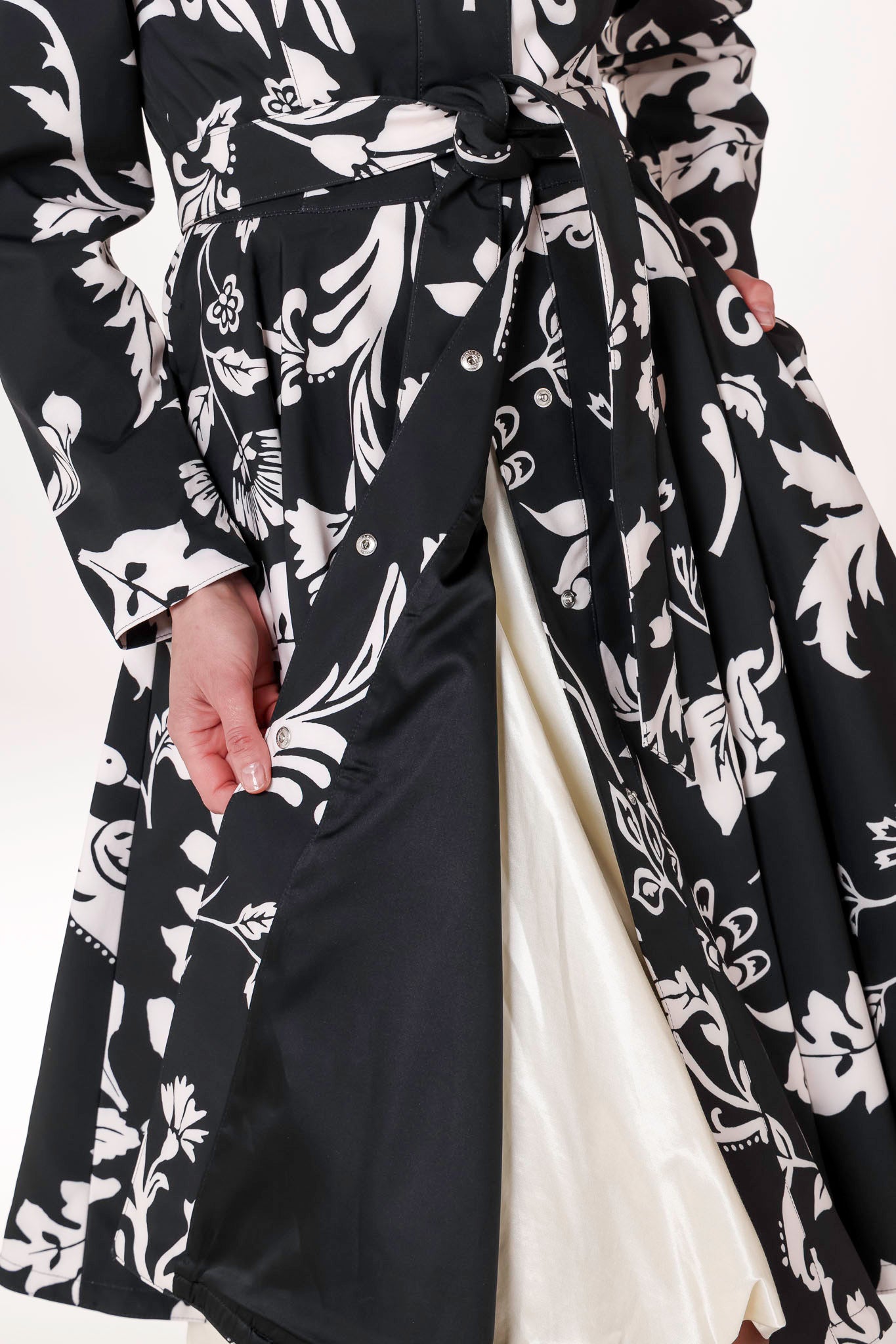 Black Italian satin lining inside Blooming Night women's floral trench coat