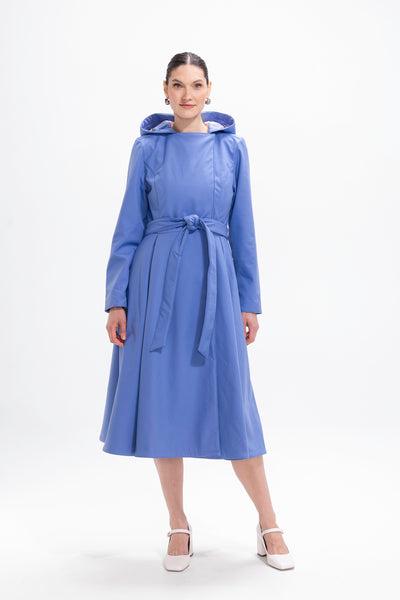 Blue Breeze powder blue double-breasted women's trench coat, front view