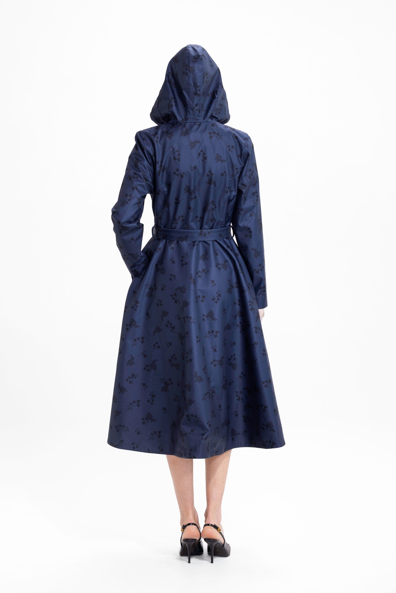 Double Breasted Trench Coat in Dark Blue with Black Floral Print | Blue Frost