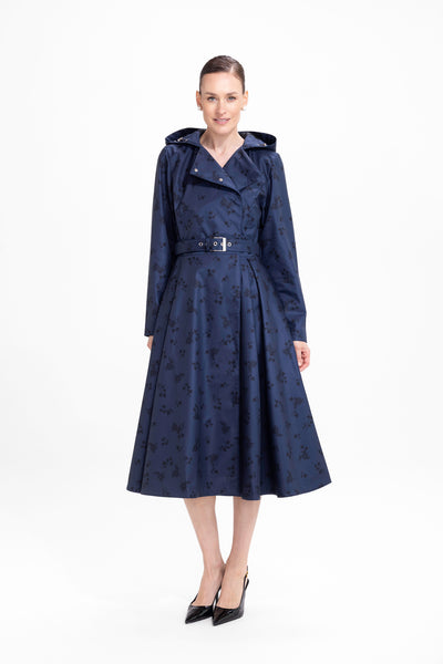 Blue Frost deep navy blue double-breasted women's floral trench coat, front view