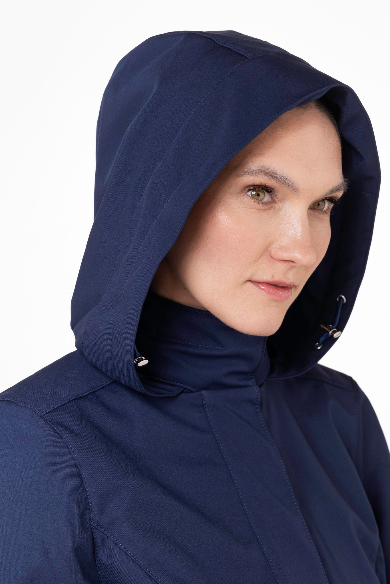 Close-up of hood detail on Blue Serenade blue women's water-resistant coat