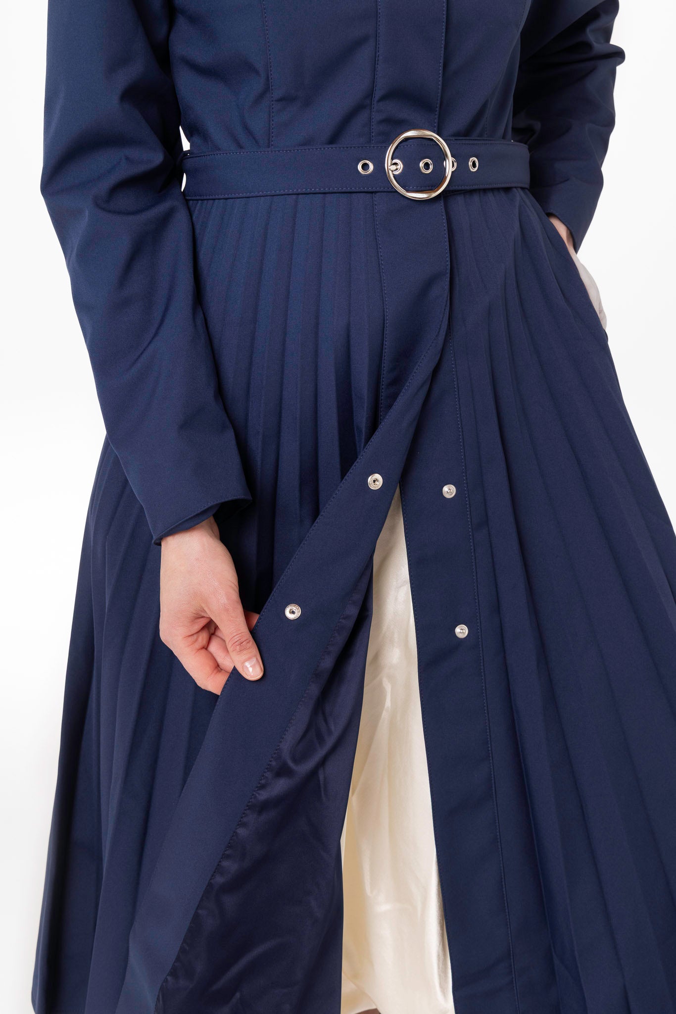 Dark blue Italian satin lining inside Blue Serenade women's waterproof coat