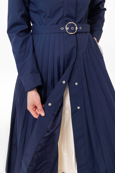 Dark blue Italian satin lining inside Blue Serenade women's waterproof coat