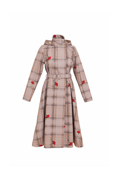Blush of the Crown beige plaid women's trench coat isolated on light background