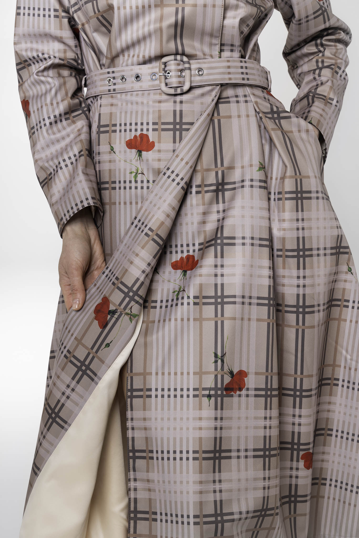 Light creamy Italian satin lining inside Blush of the Crown women's designer coat