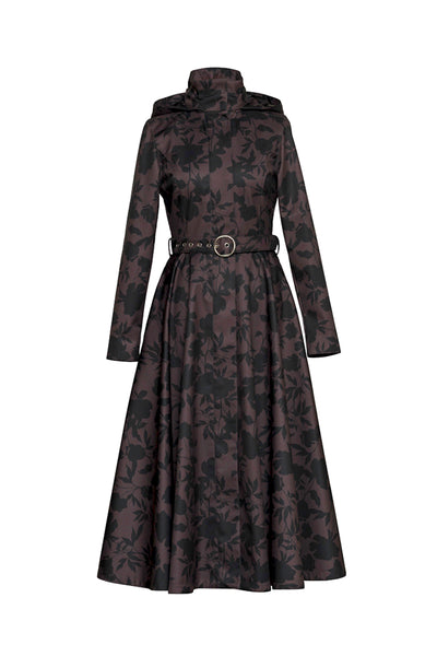 Brown Floral Fit and Flare Coat with A-Line Skirt | Brocade Dusk